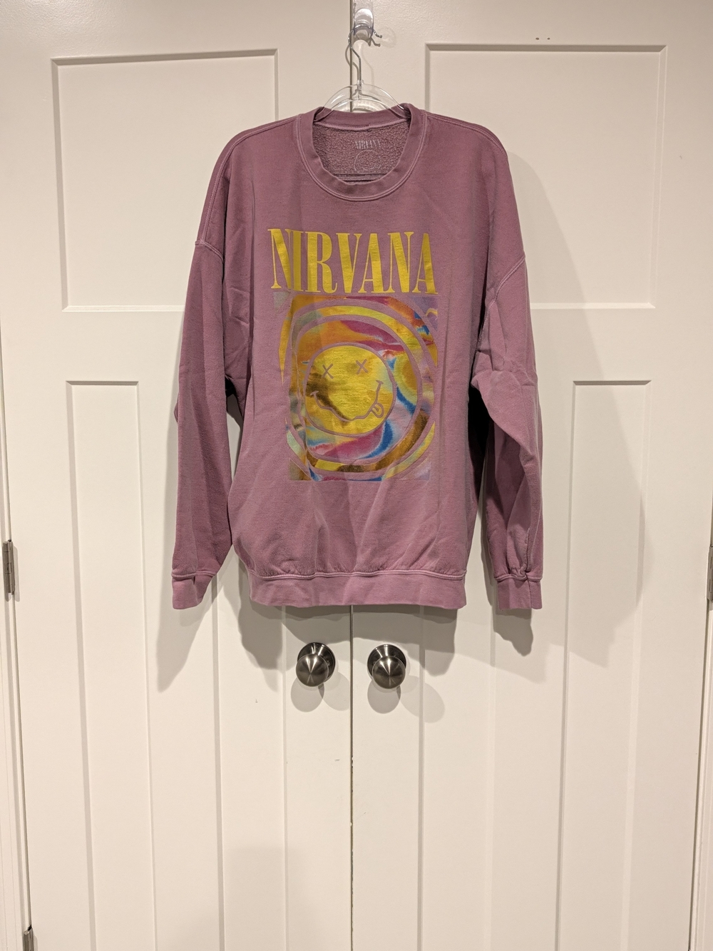 NIRVANA Pink Pullover Sweatshirt with Yellow Graphic